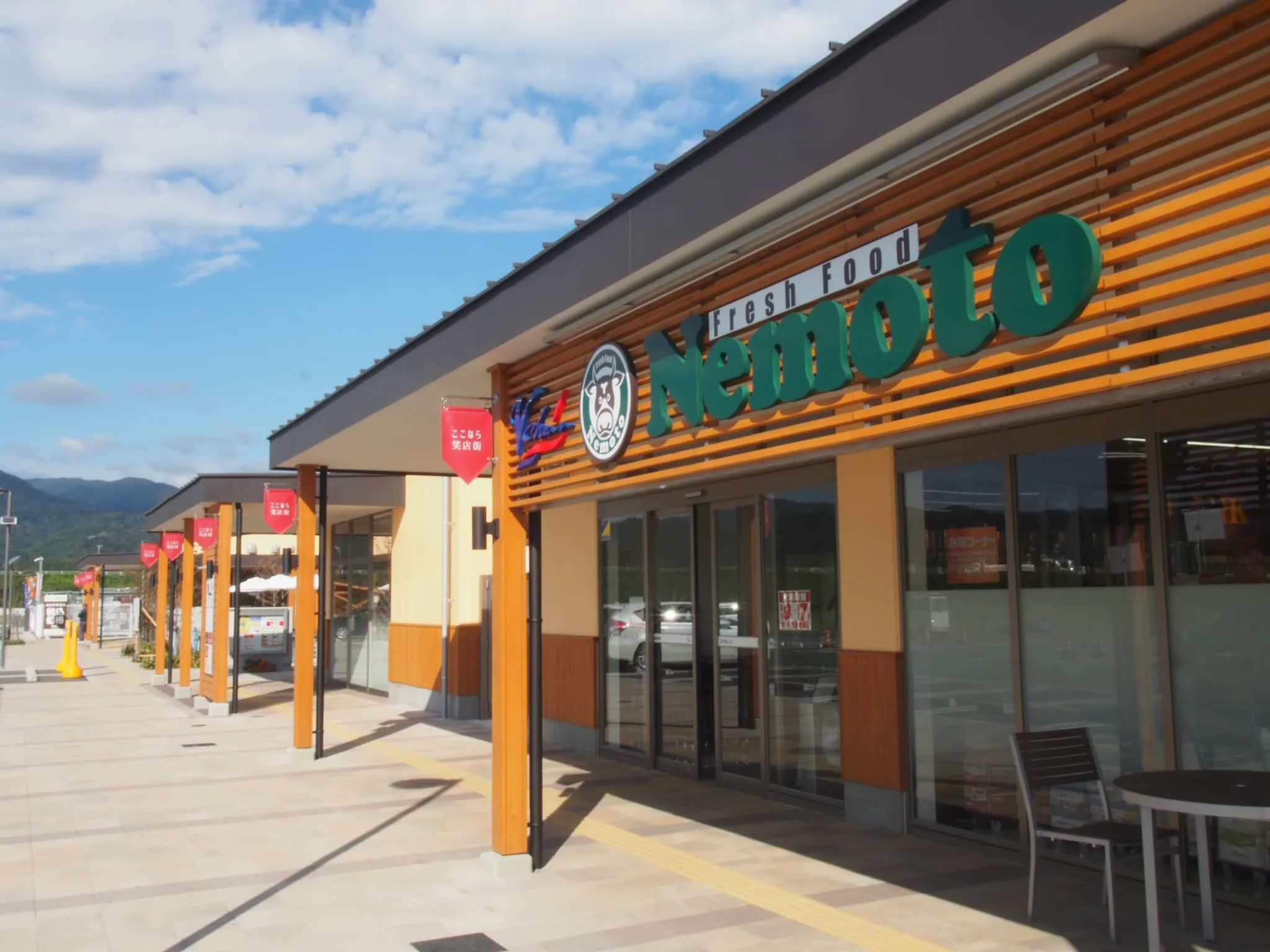 笑ふるタウンならは ここなら笑店街の外観。スーパーやホームセンター、郵便局などが並ぶ商業施設