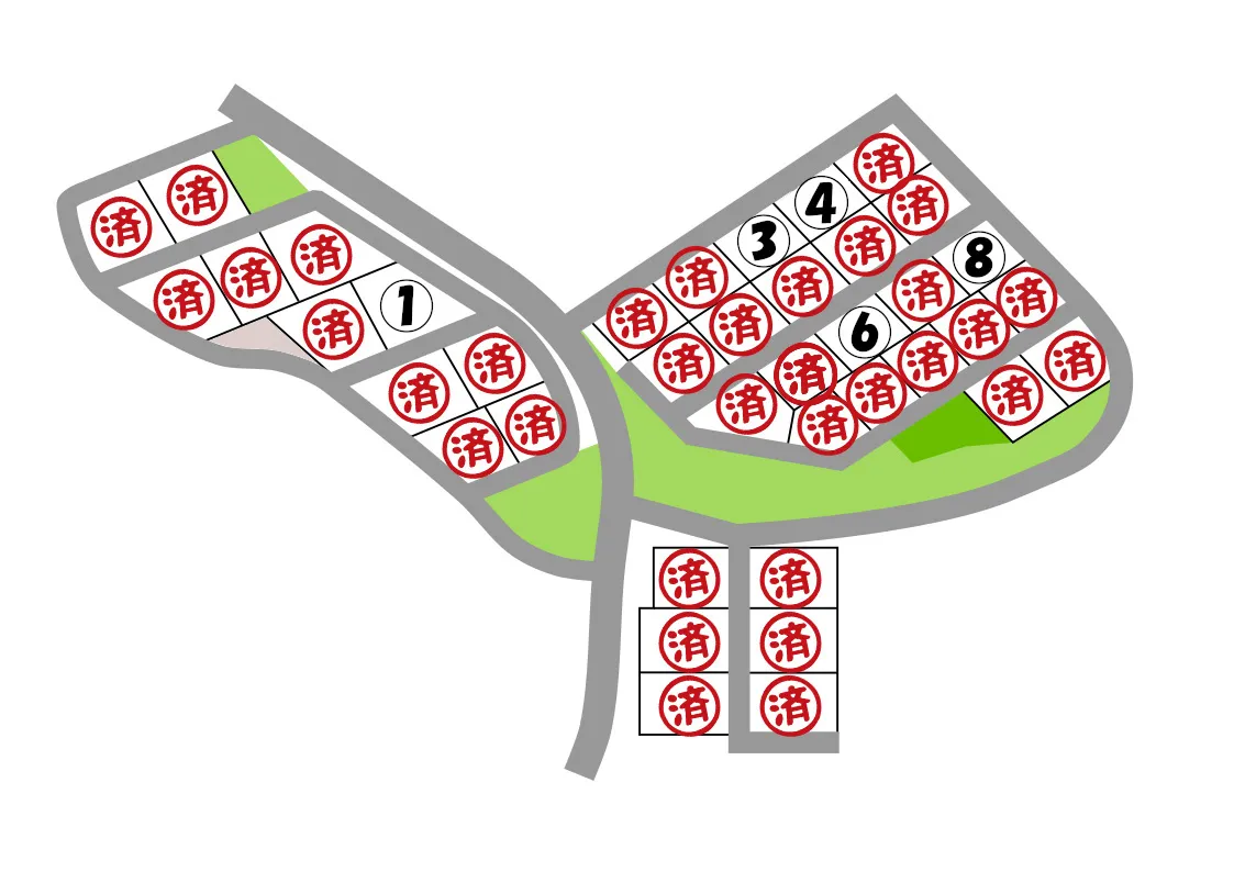 赤粉分譲地の区画マップ。各区画の配置と道路を示す詳細図