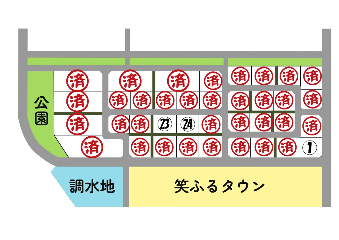 中満分譲地の区画マップ。各区画の配置と道路を示す詳細図